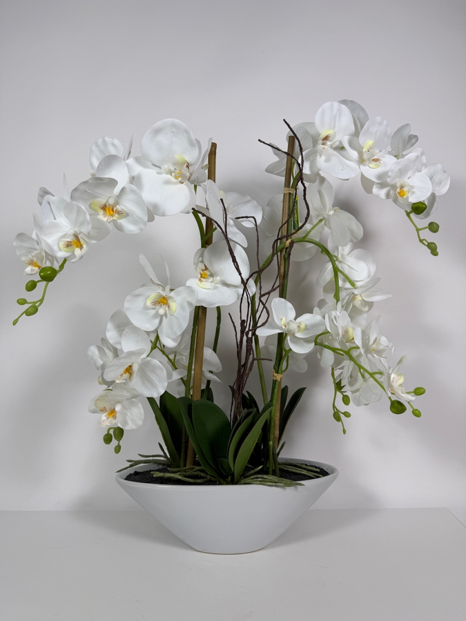 Artificial White Phalaenopsis Orchid Arrangement, Faux Silk Floral Display In White Ceramic Boat Vase, 24'H [Photo 2]