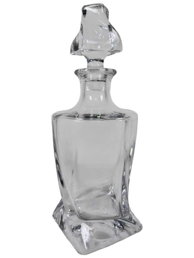 Bohemia Crystal Quadro Twisted Clear Glass Liquor Decanter, Modern Fluid Silhouette Architecture Whisky Carafe With Sculpted Topper, 11'H