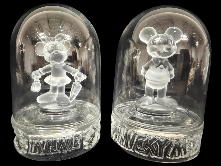 Vintage 1985 Walt Disney Productions Mickey Mouse & Minnie Mouse Figurines Enclosed In Glass Domes Manufactured In West Germany 4.5H