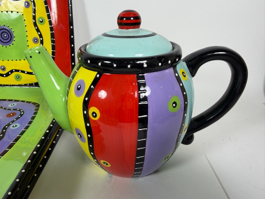 Bella Casa By Ganz Whimsical Colorful Ceramic Tea Set, Hand Painted Abstract Striped Polychrome Teapot Pitcher Plates Collection, Plates 11'W [Photo 6]