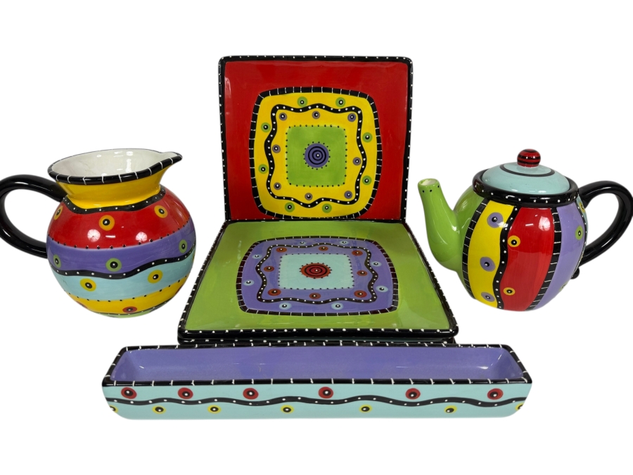Bella Casa By Ganz Whimsical Colorful Ceramic Tea Set, Hand Painted Abstract Striped Polychrome Teapot Pitcher Plates Collection, Plates 11'W