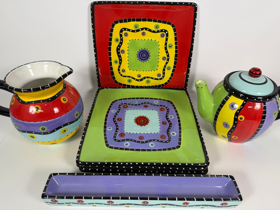 Bella Casa By Ganz Whimsical Colorful Ceramic Tea Set, Hand Painted Abstract Striped Polychrome Teapot Pitcher Plates Collection, Plates 11'W [Photo 2]
