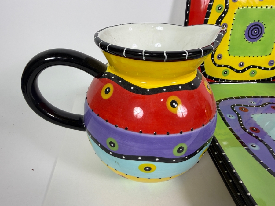 Bella Casa By Ganz Whimsical Colorful Ceramic Tea Set, Hand Painted Abstract Striped Polychrome Teapot Pitcher Plates Collection, Plates 11'W [Photo 7]