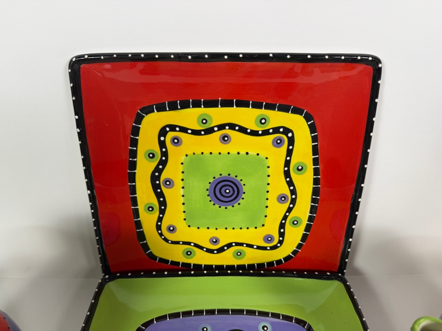 Bella Casa By Ganz Whimsical Colorful Ceramic Tea Set, Hand Painted Abstract Striped Polychrome Teapot Pitcher Plates Collection, Plates 11'W [Photo 4]