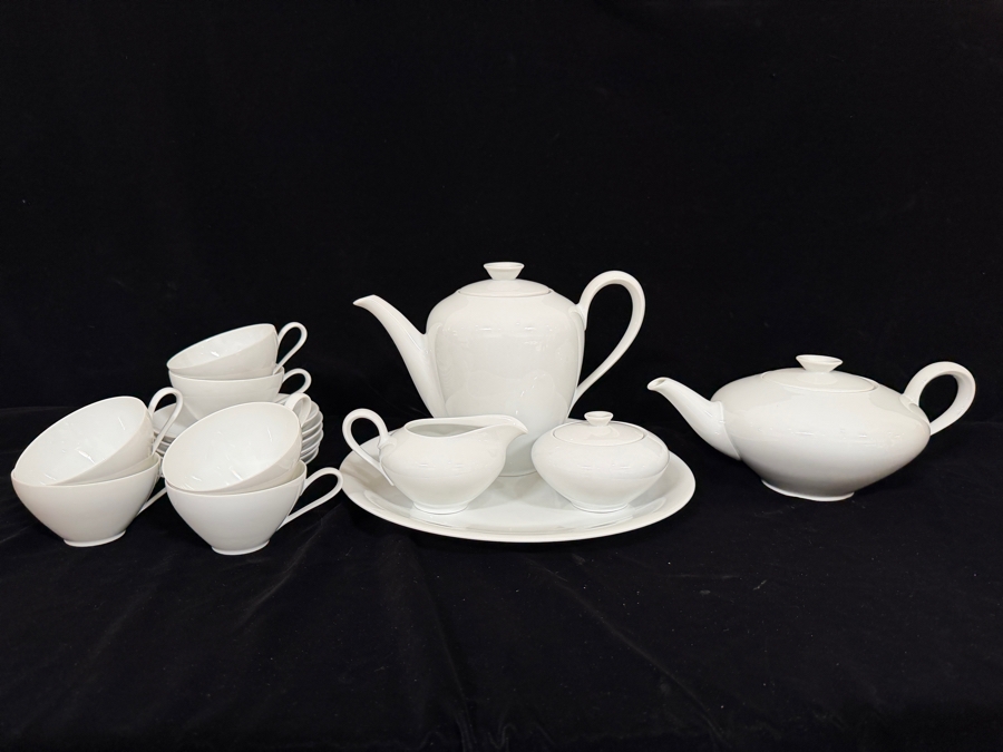 KPM Krister Germany White Porcelain Tea And Coffee Set, Vintage Fine Ceramic Teapots Cups Creamer Sugar Saucers Platter Service [Photo 3]