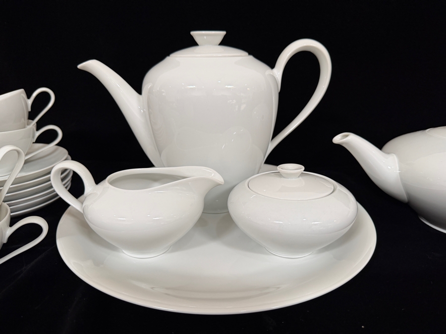KPM Krister Germany White Porcelain Tea And Coffee Set, Vintage Fine Ceramic Teapots Cups Creamer Sugar Saucers Platter Service [Photo 4]