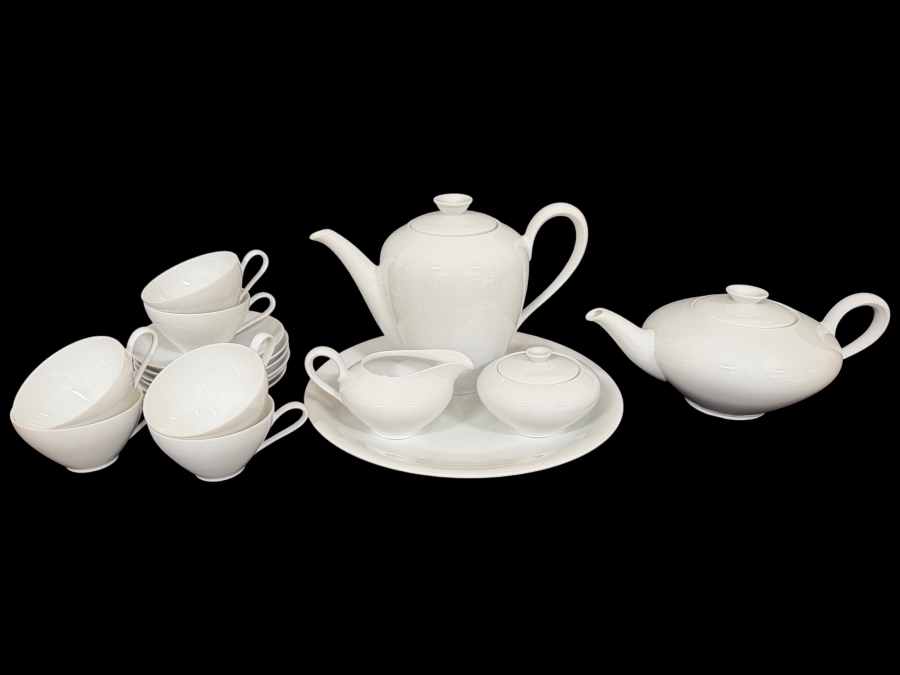KPM Krister Germany White Porcelain Tea And Coffee Set, Vintage Fine Ceramic Teapots Cups Creamer Sugar Saucers Platter Service