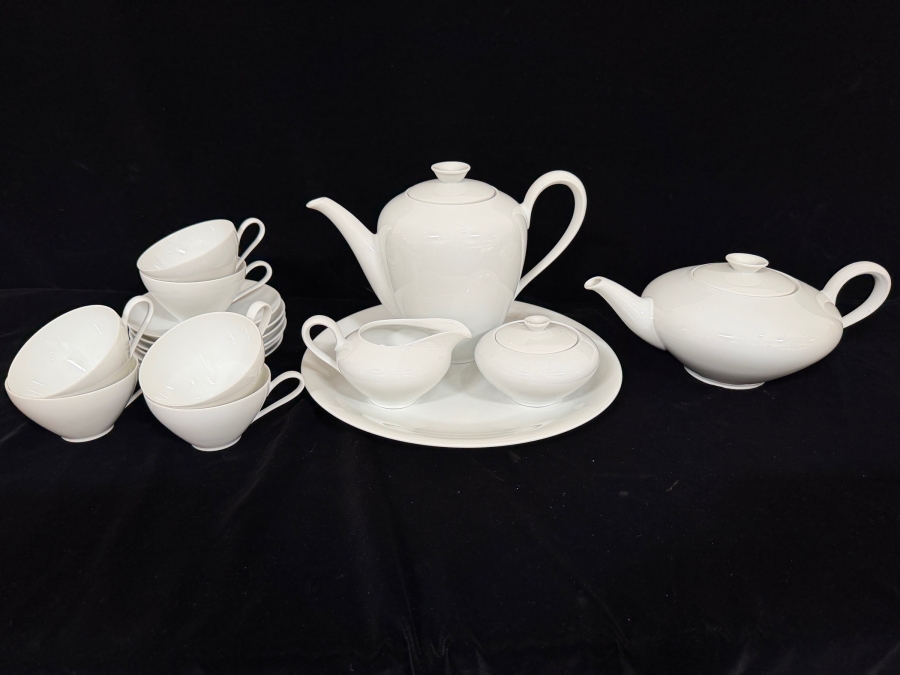KPM Krister Germany White Porcelain Tea And Coffee Set, Vintage Fine Ceramic Teapots Cups Creamer Sugar Saucers Platter Service [Photo 2]