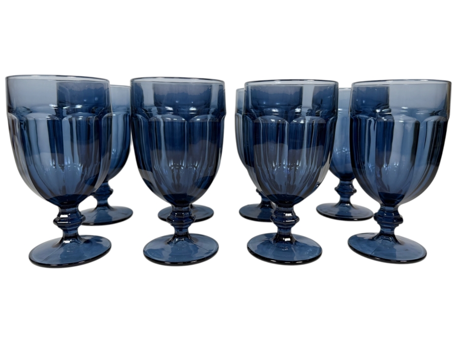 Libbey Gibraltar Dusky Blue Pressed Glass Water Goblets, Vintage Paneled Footed Wine Iced Tea Chalice Drinking Glasses Set, 7'H