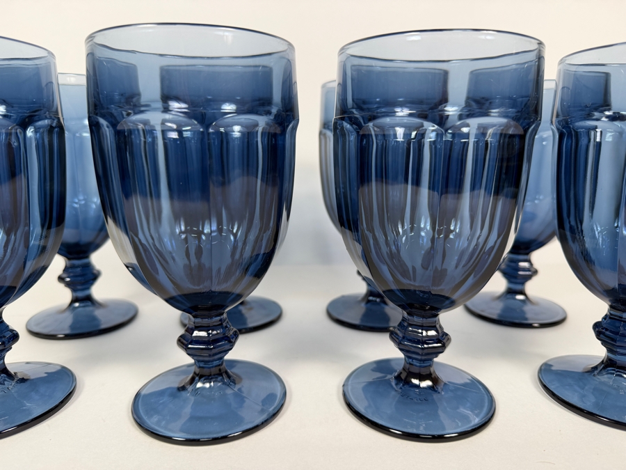 Libbey Gibraltar Dusky Blue Pressed Glass Water Goblets, Vintage Paneled Footed Wine Iced Tea Chalice Drinking Glasses Set, 7'H [Photo 2]