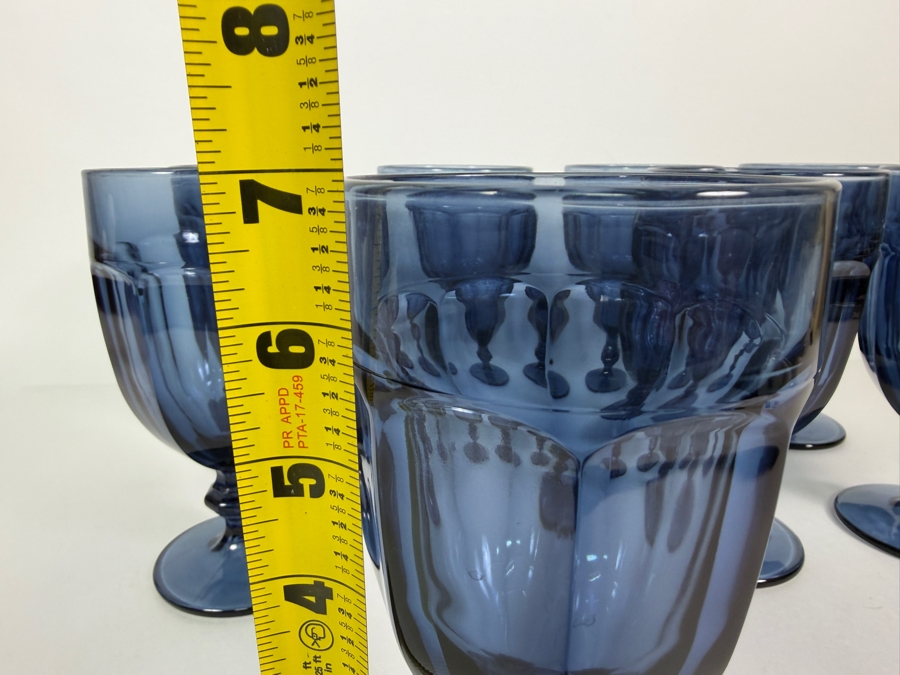 Libbey Gibraltar Dusky Blue Pressed Glass Water Goblets, Vintage Paneled Footed Wine Iced Tea Chalice Drinking Glasses Set, 7'H [Photo 5]