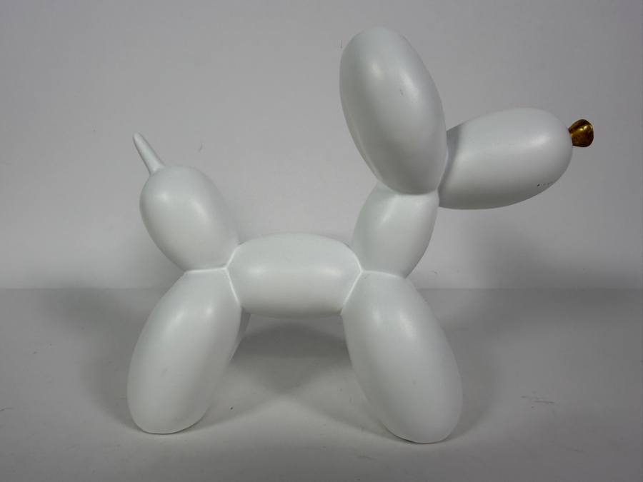 Jeff Koons Style Matte White Resin Balloon Dog Sculpture, Contemporary Pop Art Figurine With Metallic Gold Inverted Knot Snout Accent, 8'W X 7'H [Photo 3]
