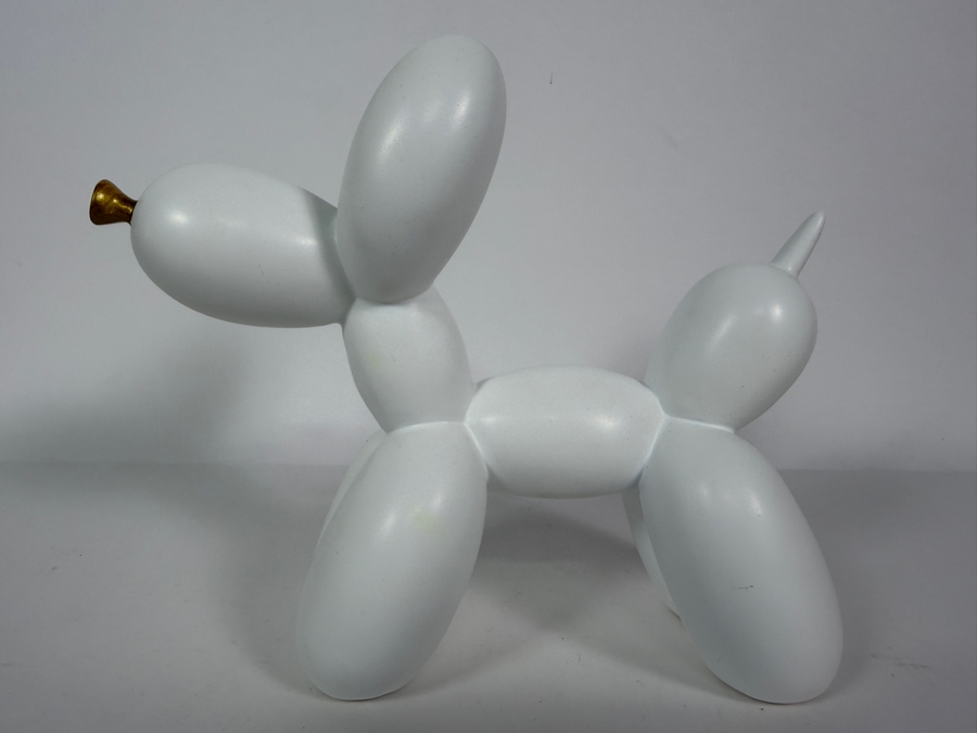 Jeff Koons Style Matte White Resin Balloon Dog Sculpture, Contemporary Pop Art Figurine With Metallic Gold Inverted Knot Snout Accent, 8'W X 7'H [Photo 2]