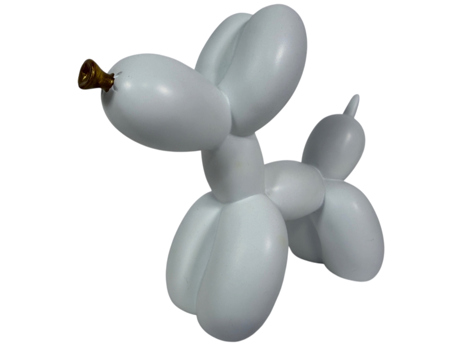 Jeff Koons Style Matte White Resin Balloon Dog Sculpture, Contemporary Pop Art Figurine With Metallic Gold Inverted Knot Snout Accent, 8'W X 7'H