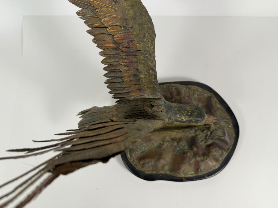 Nancy Lynn M. Signed Copper Flight Shorebird Sculpture, Vintage 1975 Mixed Metal Layered Feather Seagull on Wooden Base Art, 14'W X 18'D X 15'H [Photo 8]