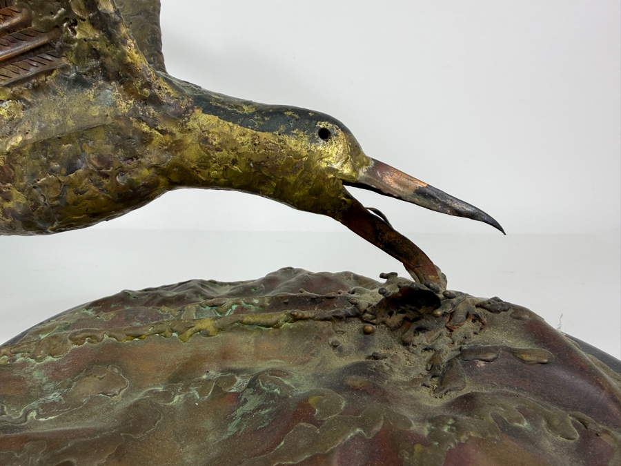 Nancy Lynn M. Signed Copper Flight Shorebird Sculpture, Vintage 1975 Mixed Metal Layered Feather Seagull on Wooden Base Art, 14'W X 18'D X 15'H [Photo 3]