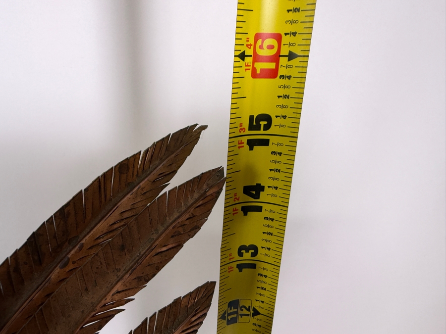 Nancy Lynn M. Signed Copper Flight Shorebird Sculpture, Vintage 1975 Mixed Metal Layered Feather Seagull on Wooden Base Art, 14'W X 18'D X 15'H [Photo 14]