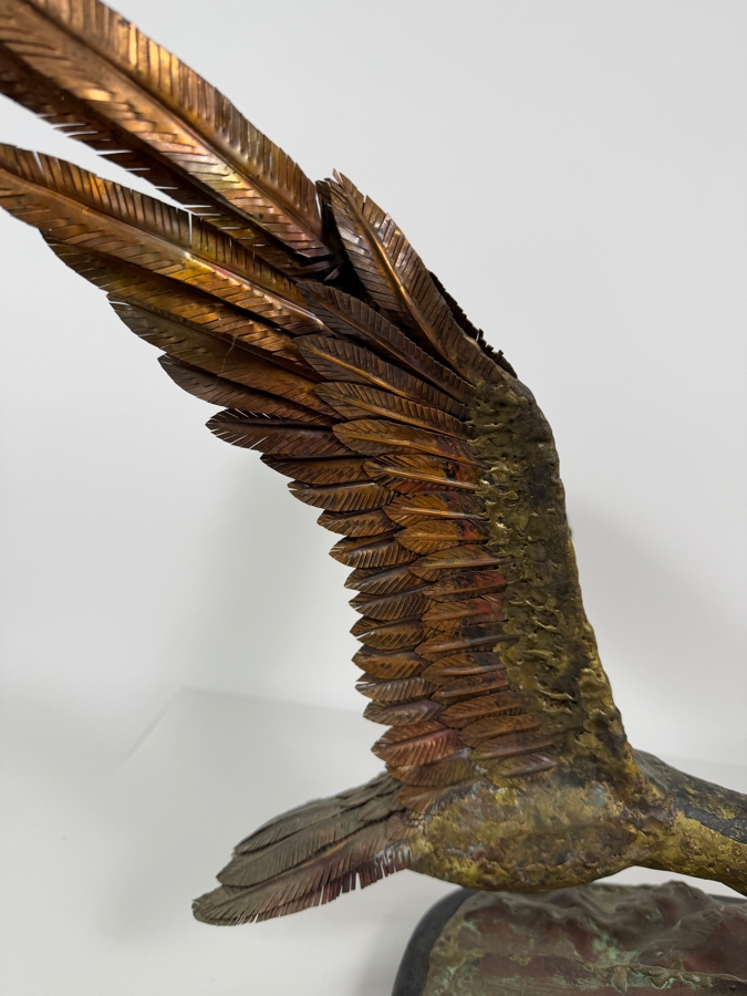Nancy Lynn M. Signed Copper Flight Shorebird Sculpture, Vintage 1975 Mixed Metal Layered Feather Seagull on Wooden Base Art, 14'W X 18'D X 15'H [Photo 2]