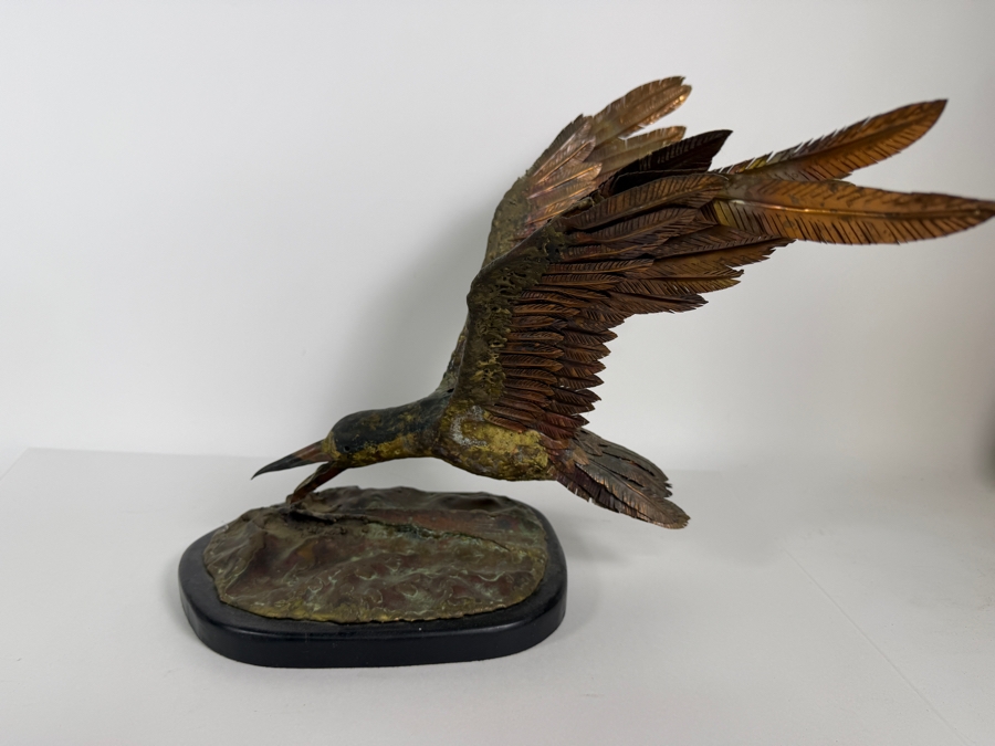 Nancy Lynn M. Signed Copper Flight Shorebird Sculpture, Vintage 1975 Mixed Metal Layered Feather Seagull on Wooden Base Art, 14'W X 18'D X 15'H [Photo 11]