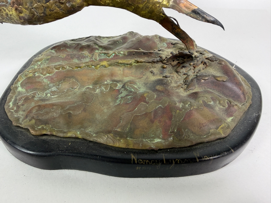 Nancy Lynn M. Signed Copper Flight Shorebird Sculpture, Vintage 1975 Mixed Metal Layered Feather Seagull on Wooden Base Art, 14'W X 18'D X 15'H [Photo 5]