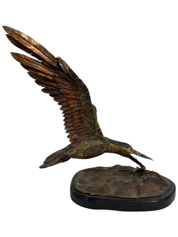 Nancy Lynn M. Signed Bronze Flight Shorebird Sculpture, Vintage 1975 Mixed Metal Layered Feather Seagull on Wooden Base Art, 14'W X 18'D X 15'H