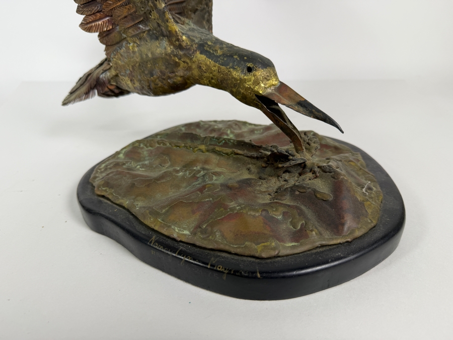 Nancy Lynn M. Signed Copper Flight Shorebird Sculpture, Vintage 1975 Mixed Metal Layered Feather Seagull on Wooden Base Art, 14'W X 18'D X 15'H [Photo 9]