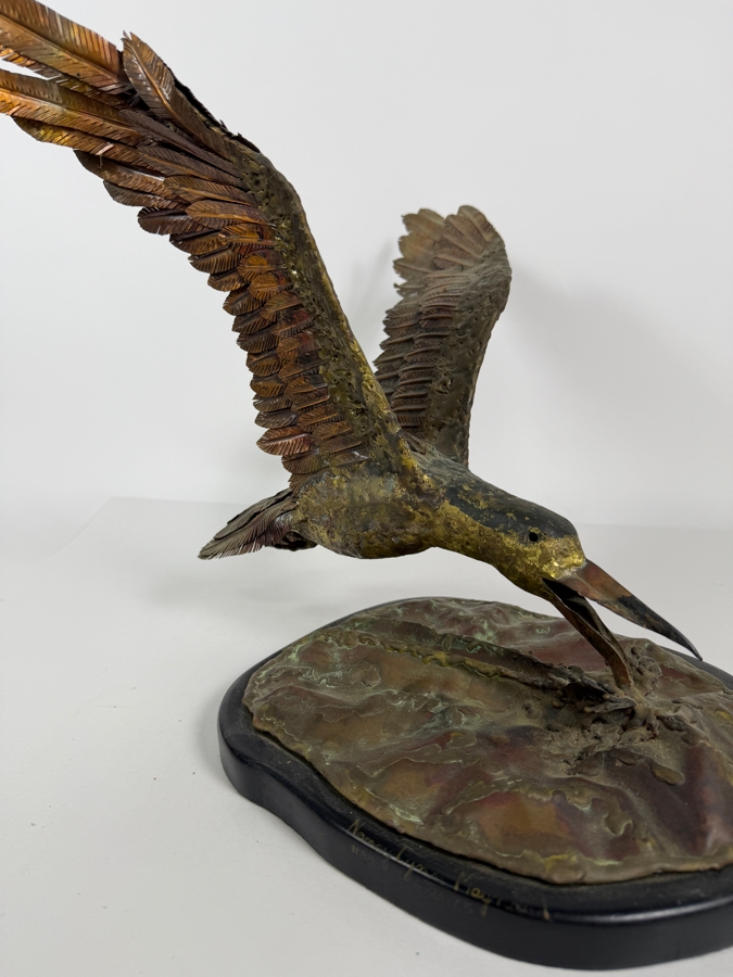 Nancy Lynn M. Signed Copper Flight Shorebird Sculpture, Vintage 1975 Mixed Metal Layered Feather Seagull on Wooden Base Art, 14'W X 18'D X 15'H [Photo 10]