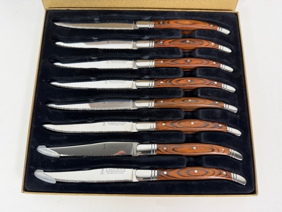 Laguiole By Trudeau Pakkawood Steak Knives Set, Stainless Steel Serrated Blades With Triple Rivet Wood Handles In Display Box 8 Pc [Photo 3]