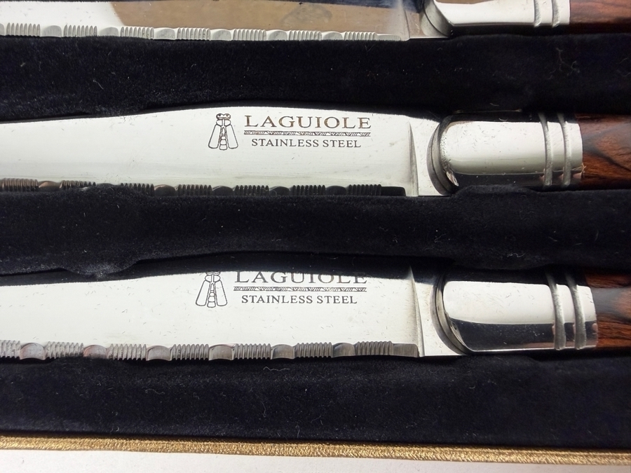 Laguiole By Trudeau Pakkawood Steak Knives Set, Stainless Steel Serrated Blades With Triple Rivet Wood Handles In Display Box 8 Pc [Photo 4]