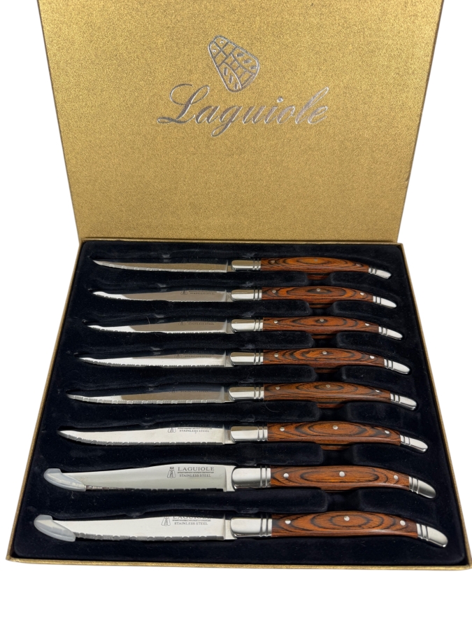 Laguiole By Trudeau Pakkawood Steak Knives Set, Stainless Steel Serrated Blades With Triple Rivet Wood Handles In Display Box 8 Pc