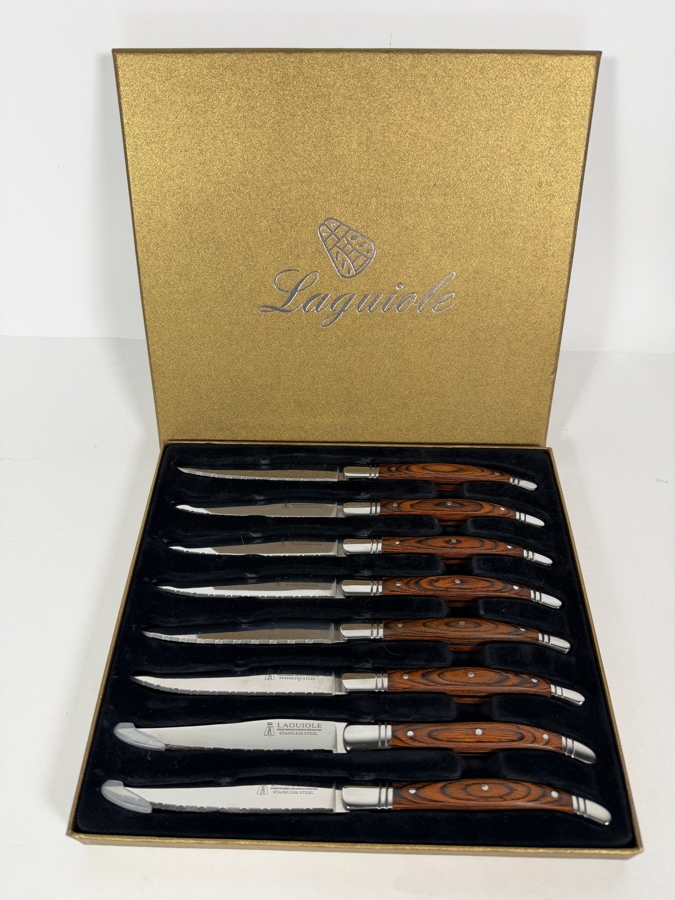Laguiole By Trudeau Pakkawood Steak Knives Set, Stainless Steel Serrated Blades With Triple Rivet Wood Handles In Display Box 8 Pc [Photo 2]