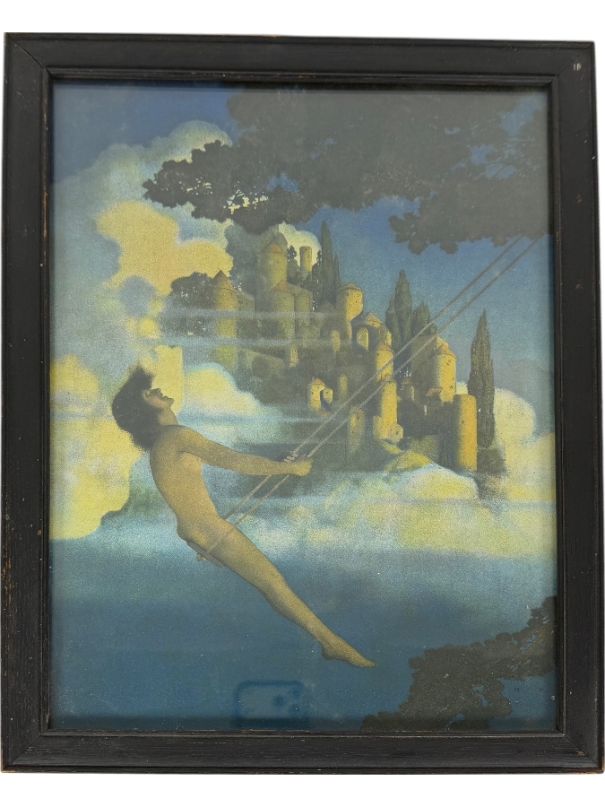Maxfield Parrish The Dinky Bird 1905 Vintage Lithograph Art Print, Mythological Boy On Swing Fantasy Castle Illustration Black Frame, 12'W X 16'H