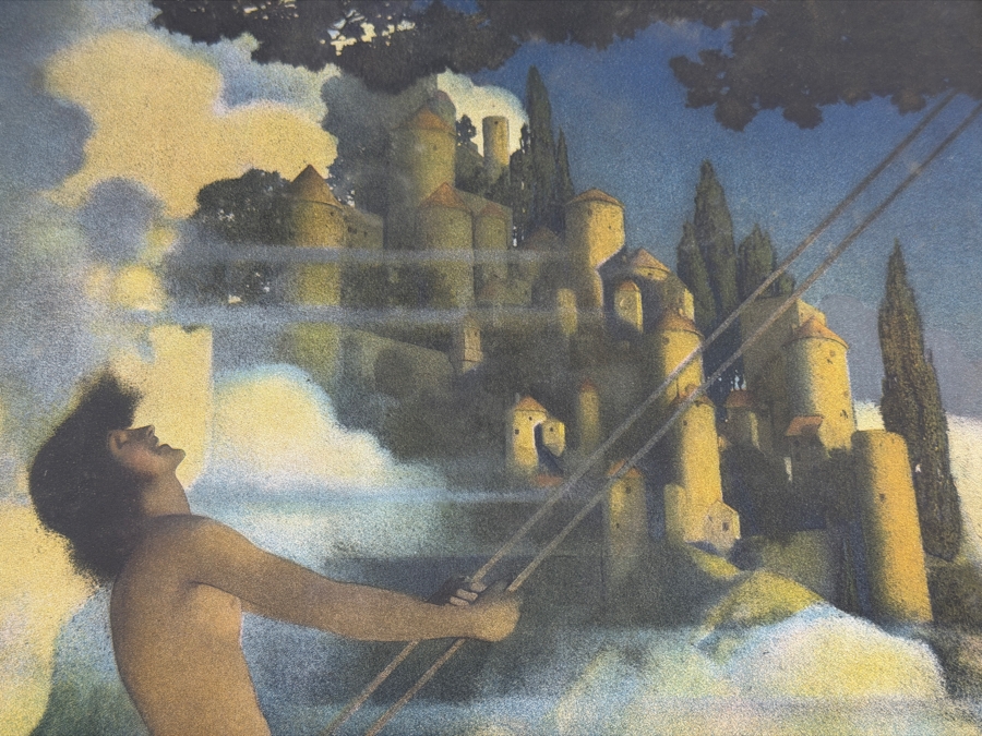 Maxfield Parrish The Dinky Bird 1905 Vintage Lithograph Art Print, Mythological Boy On Swing Fantasy Castle Illustration Black Frame, 12'W X 16'H [Photo 6]