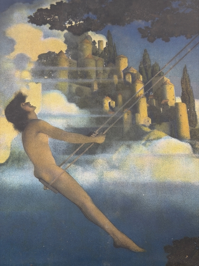 Maxfield Parrish The Dinky Bird 1905 Vintage Lithograph Art Print, Mythological Boy On Swing Fantasy Castle Illustration Black Frame, 12'W X 16'H [Photo 5]