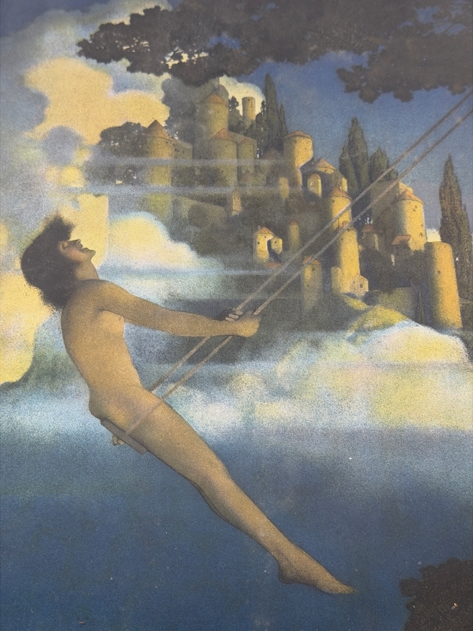 Maxfield Parrish The Dinky Bird 1905 Vintage Lithograph Art Print, Mythological Boy On Swing Fantasy Castle Illustration Black Frame, 12'W X 16'H [Photo 4]