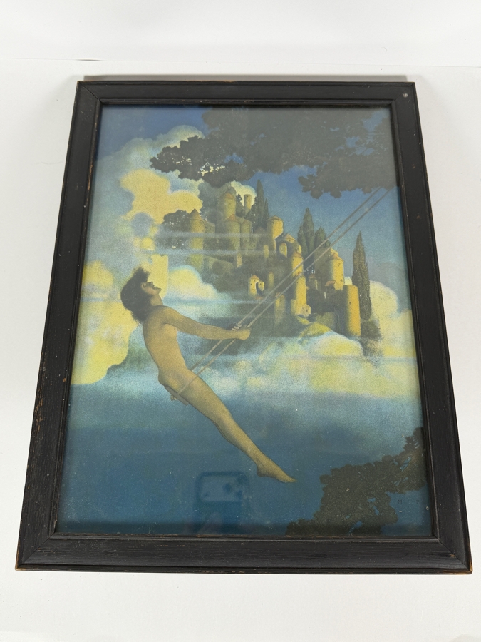 Maxfield Parrish The Dinky Bird 1905 Vintage Lithograph Art Print, Mythological Boy On Swing Fantasy Castle Illustration Black Frame, 12'W X 16'H [Photo 2]