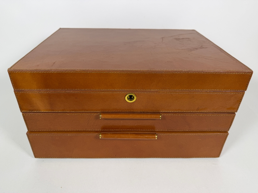 West Elm Modern Leather Three Tier Jewelry Box With Jewelry - See Photos 14.5'W X 11'D X 8'H [Photo 2]