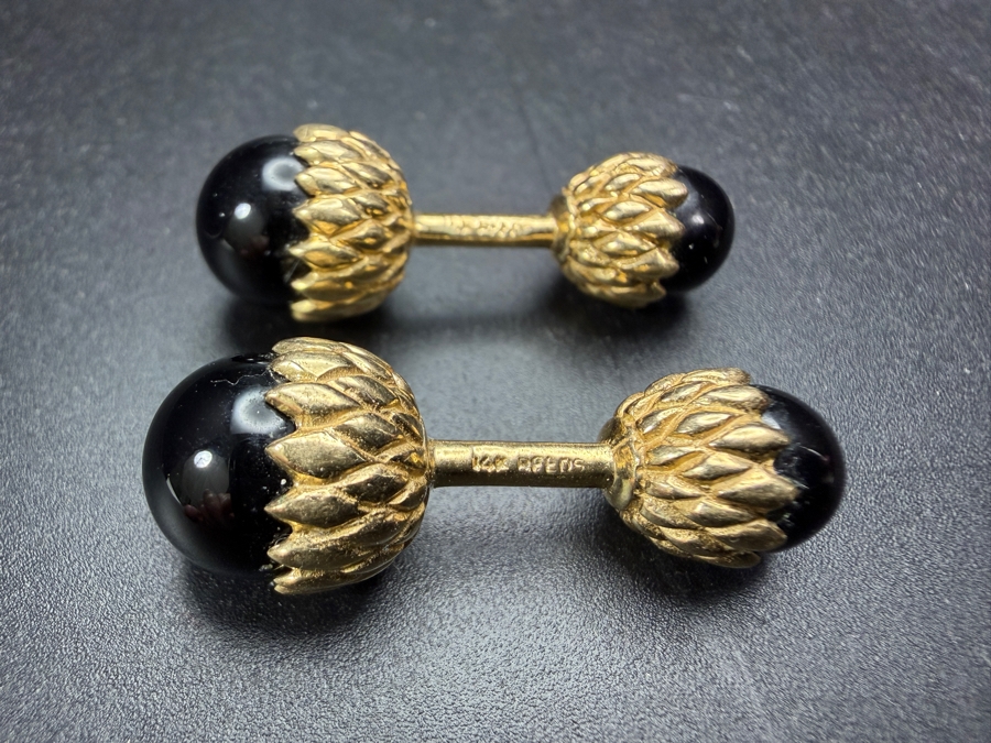 14k Gold Hematite Reeds Acorn Cufflinks 13.7g [Photo 4]