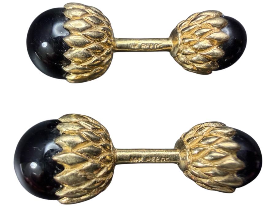 14k Gold Hematite Reeds Acorn Cufflinks 13.7g