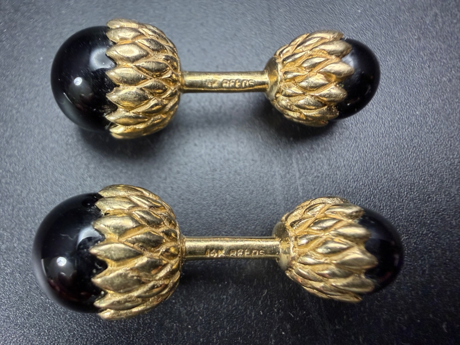 14k Gold Hematite Reeds Acorn Cufflinks 13.7g [Photo 2]