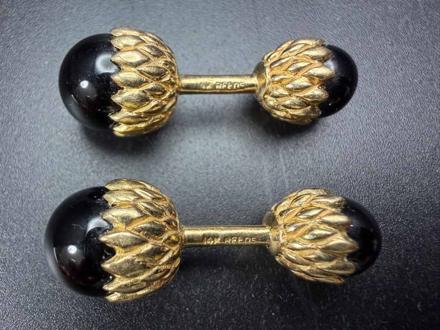 14k Gold Hematite Reeds Acorn Cufflinks 13.7g [Photo 3]