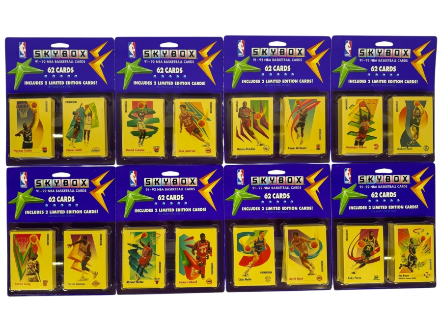(8) Vintage 1991-92 Factory Sealed Blister Packs Of SkyBox NBA Basketball Cards - 496 Cards Total Featuring Michael Jordan And Earvin Johnson