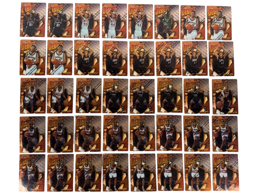 (40) Vintage 1997 Topps Finest Debuts NBA Basketball Cards With The Original Protective Coating Intact Featuring (2) Tim Duncan Rookie Cards