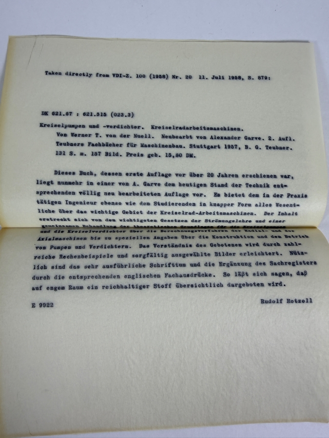 Dr. Werner Theodor von der Nuell's Personal Copy Of His German 1957 Technical Paper 'Kreiselpumpen Und Verdichter' (Centrifugal Pumps and Compressors) Kreiselradarbeitmaschinen [Photo 2]