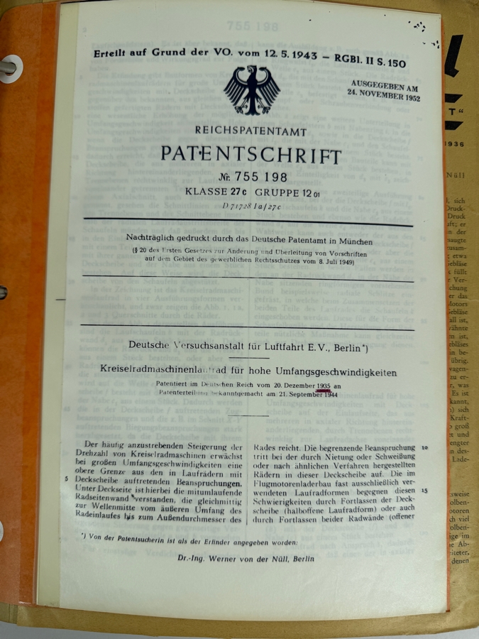 Dr. Werner Theodor von der Nuell's (A Genius Who Revolutionized Modern Day Turbochargers) Personal Copy Of His Technical Papers Starting In Germany In 1935 And Progressing To America's Operation Paperclip - See Photos For Small Sampling [Photo 5]