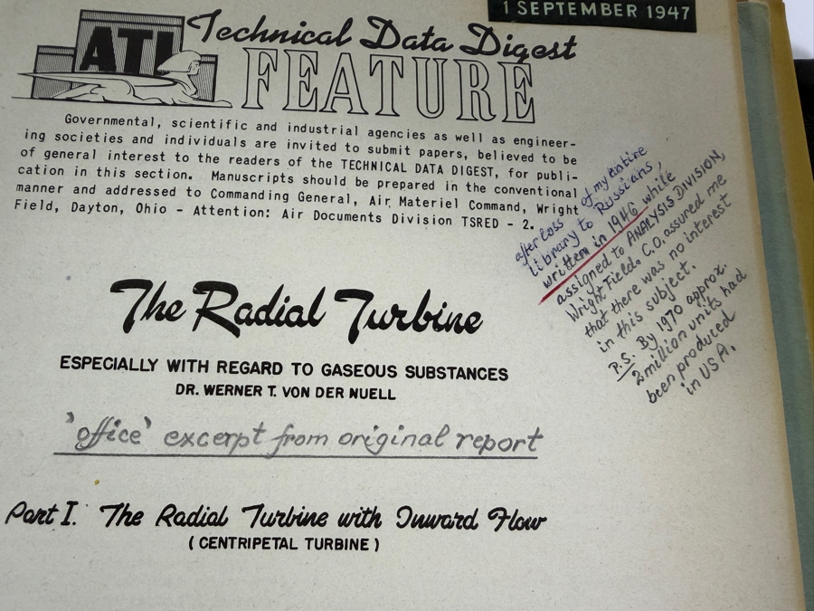 Dr. Werner Theodor von der Nuell's (A Genius Who Revolutionized Modern Day Turbochargers) Personal Copy Of His Technical Papers From US In 1947 And Ending In His Retirement - See Photos For Small Sampling (Mentions Loss Of His Entire Library To Russians) [Photo 14]