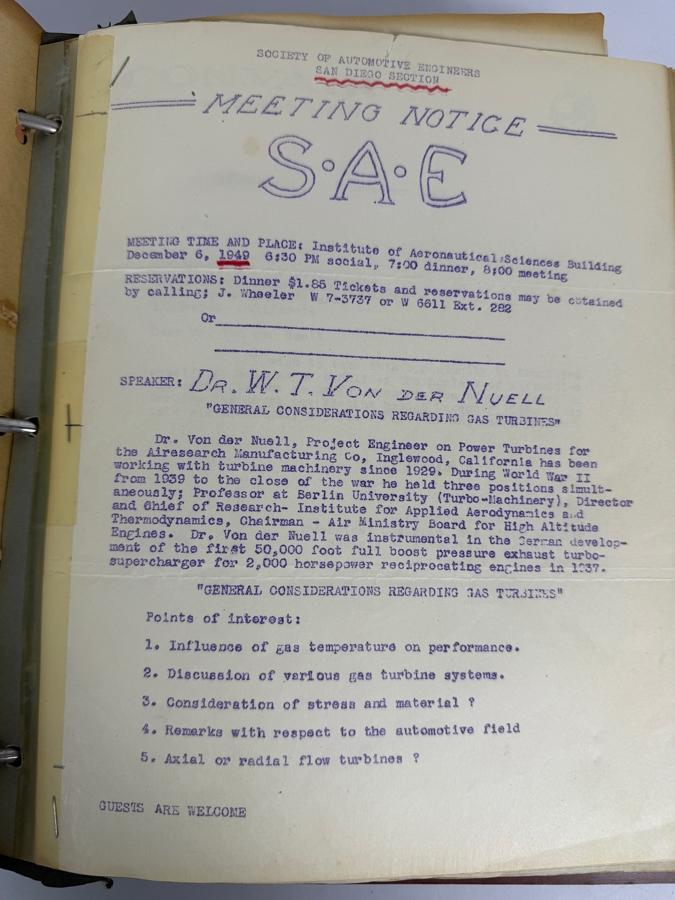 Dr. Werner Theodor von der Nuell's (A Genius Who Revolutionized Modern Day Turbochargers) Personal Copy Of His Technical Papers From US In 1947 And Ending In His Retirement - See Photos For Small Sampling (Mentions Loss Of His Entire Library To Russians) [Photo 17]