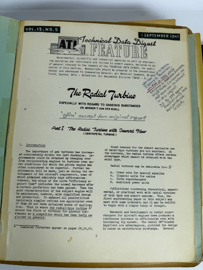 Dr. Werner Theodor von der Nuell's (A Genius Who Revolutionized Modern Day Turbochargers) Personal Copy Of His Technical Papers From US In 1947 And Ending In His Retirement - See Photos For Small Sampling (Mentions Loss Of His Entire Library To Russians) [Photo 13]