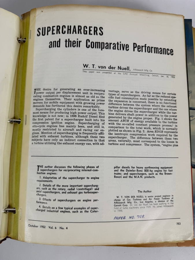 Dr. Werner Theodor von der Nuell's (A Genius Who Revolutionized Modern Day Turbochargers) Personal Copy Of His Technical Papers From US In 1947 And Ending In His Retirement - See Photos For Small Sampling (Mentions Loss Of His Entire Library To Russians) [Photo 24]