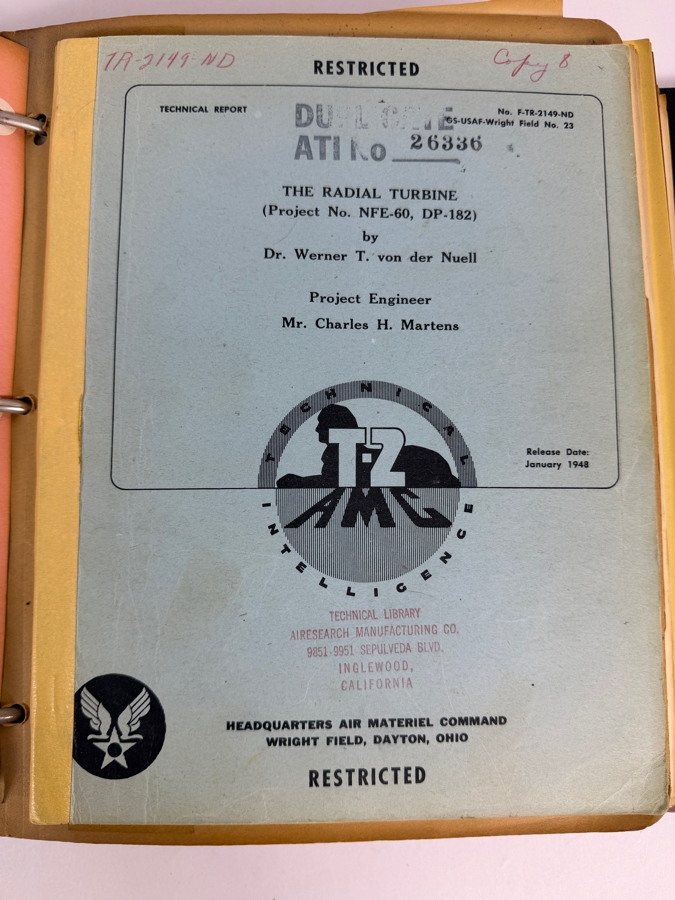 Dr. Werner Theodor von der Nuell's (A Genius Who Revolutionized Modern Day Turbochargers) Personal Copy Of His Technical Papers From US In 1947 And Ending In His Retirement - See Photos For Small Sampling (Mentions Loss Of His Entire Library To Russians) [Photo 16]